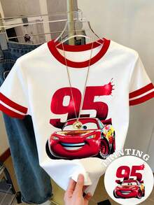 Disney Licensed Women's Y2K Color Block Summer Crew Neck Short Sleeve T-Shirt - Breathable Casual Top With A Lightning McQueen Print Design From "Cars" For Everyday Wear - White - View 1