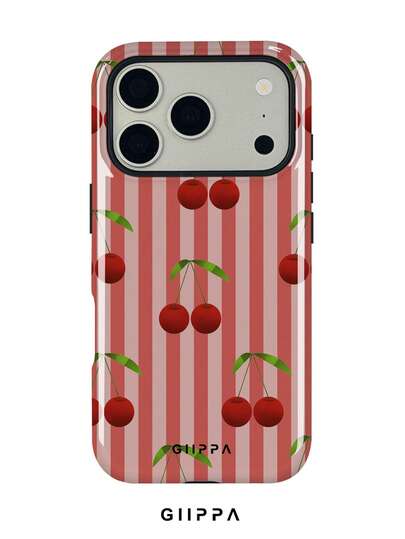 GIIPPA 1 Pc Pink Striped With Cherry Pattern Design Phone 17 Pro Max Case, Compatible With Phone 16 Pro Max, 15 Pro Max, 14 Pro Max, Korean Stylish And Interesting Phone Case, Fits 11/12/13/14/15/11 Pro Max Plus, Elegant Design Suitable For Both Men And Women, Ideal Gift For Girlfriend On Christmas, Valentine's Day, Easter, Wedding Season And Birthday