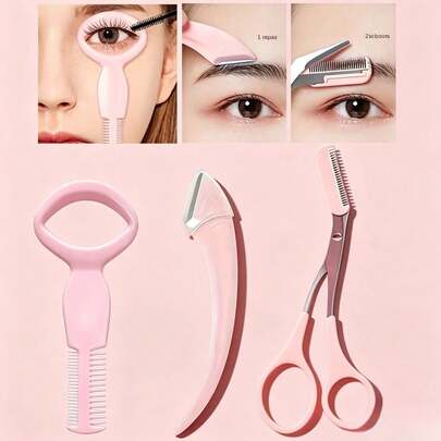 3pcs Eyebrow Grooming Kit, Pink Eyelash Curler, Trimming Razor, Beauty Makeup, Eyeliner Stencil, Lash Card Tool