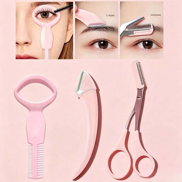 3pcs Eyebrow Grooming Kit, Pink Eyelash Curler, Trimming Razor, Beauty Makeup, Eyeliner Stencil, Lash Card Tool