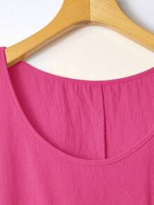 EMERY Vestido de verano casual de talla para mujer, de color verde militar sólido, sin mangas, con volantes en el bajo y parches de encaje en la espalda - Rosa Fucsia - Ver 4