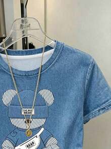 Camiseta de manga corta con cuello redondo y estampado en relieve de oso de dibujos animados para mujer - Multicolor - Ver 4