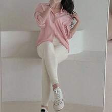 Fashion Women's Clothing  Blusa suelta de unicolor con botones para mujer, de moda para el verano y el otoño, top de manga larga - Rosa - Ver 5