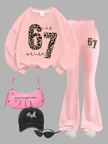 Daily Versatile Girls' Sweatshirt & Long Pants 2-Piece Set, Suitable For Spring And Autumn, Sweet American Style Girls' Clothing, Perfect For School, Vacation, Shopping, Sports And Various Occasions. - Pink - View 2