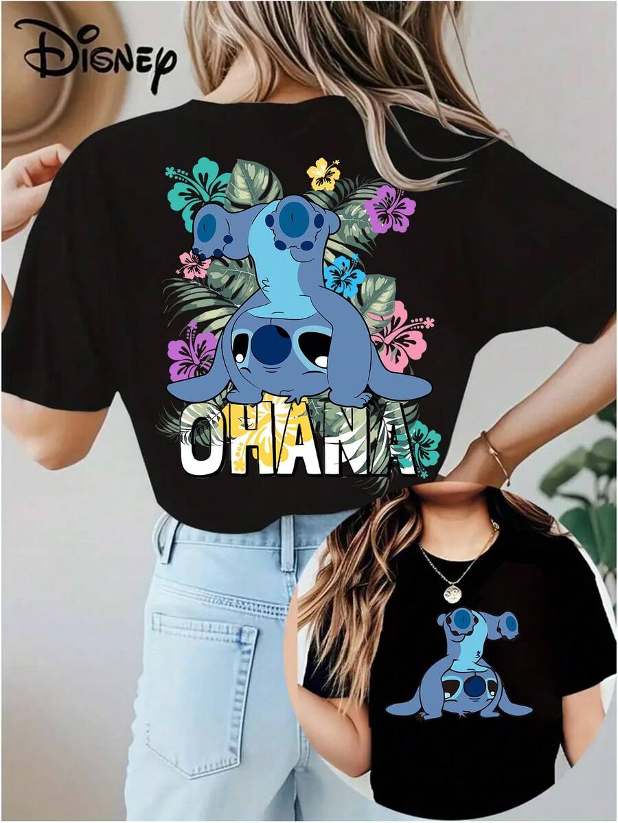 Disney Officially Licensed 100% Cotton T-Shirt, Unisex Short-Sleeve T-Shirt, Authentic Stitch Print, Soft And Skin-Friendly, Elastic, Casual Short-Sleeved Top, Fashionable Round Neck Short-Sleeved T-Shirt, Women's Clothing - 黑色 - 查看 1