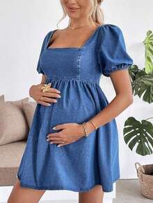 Vestido corto de maternidad de mezclilla azul con mangas de pétalo - Azul 2 - Ver 5