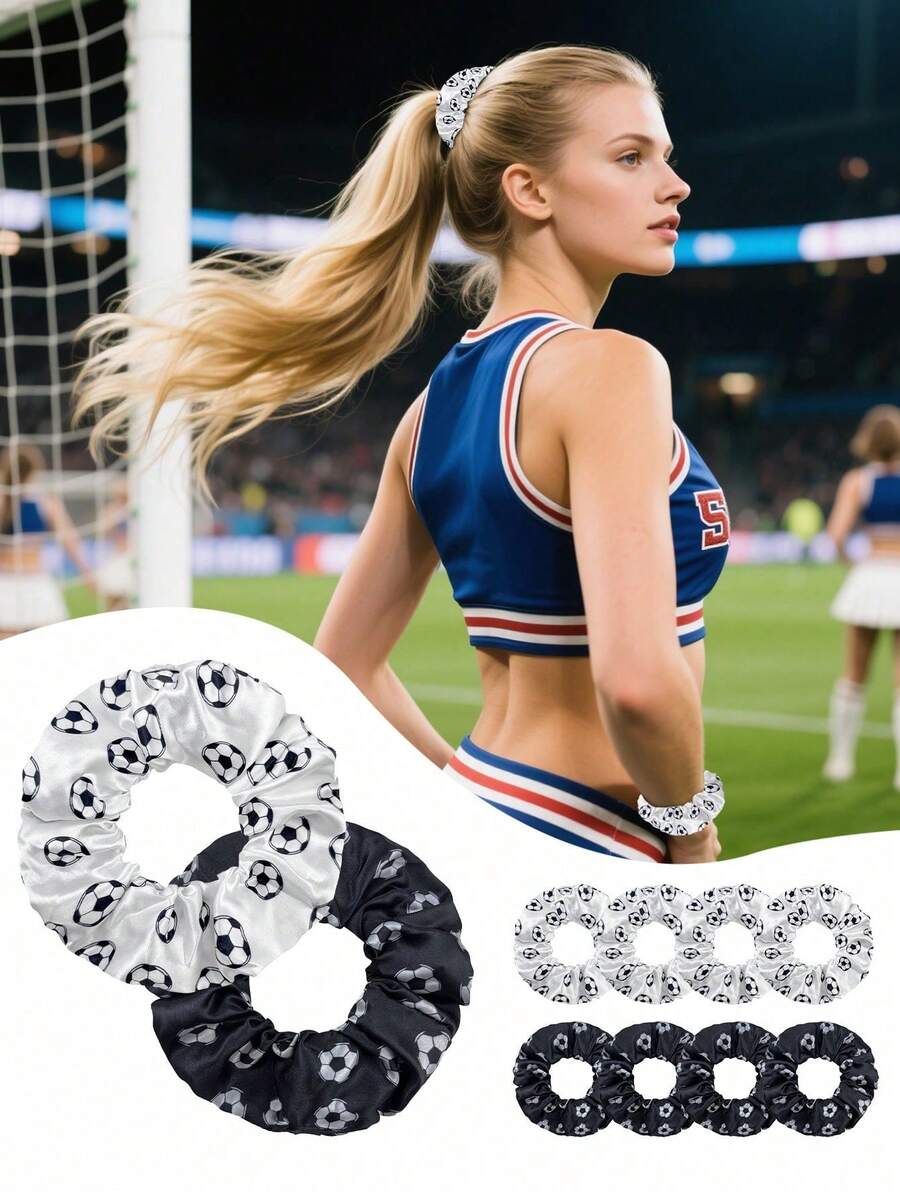4/1pc Cute Football Cartoon Printed Silk Scrunchie, Gentle No Hair Damage, Fashion Daily Hair Tie, Perfect For Daily Wear, Outdoor Travel, Sports Events & General Festivals, Practical Hair Accessories, Hair