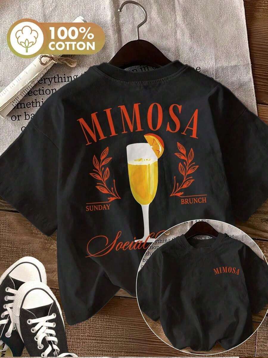 [Double Side Print] Women's Casual Summer Top, Vintage Leaf Print, MIMOSA SAY BRUNCH Social, Pure Cotton Printed Crew Neck Short Sleeve T-Shirt [LingK] Spring Outfit, Cotton T-Shirt - 黑色 - 查看 1