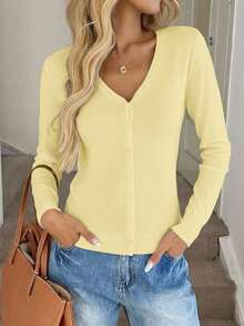 Cárdigan casual y versátil de unicolor para mujeres en otoño e invierno - amarillo claro - Ver 3
