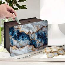 1pc Handmade Wooden Artistic Coin Storage Box, Turquoise Marble Decor Rectangular Wooden Display Box, Suitable For Home Decor, Library Display, Halloween And Christmas Gifts - Multicolor - View 5