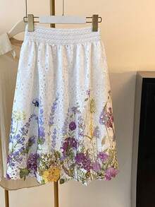 High-Waisted Elastic Skirt With Embroidered Lace And Water-Soluble Print - 紫色 - 查看 12