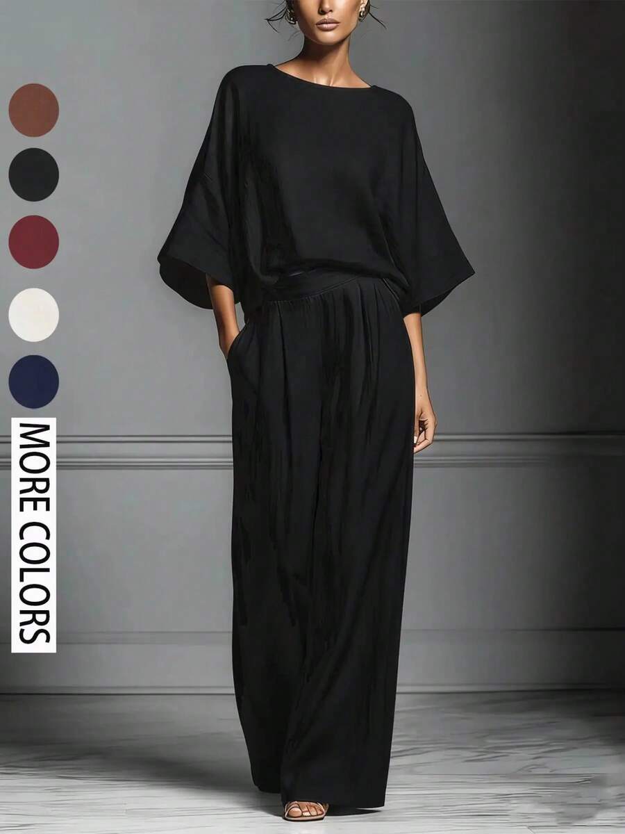Women's Elegant Bell Sleeve Linen Set, Summer 2026, Casual And Elegant Style, European And American Style, Comfortable And Chic - 黑色 - 查看 1