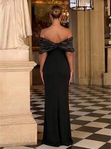1pc Sleeveless Sexy Slit Ruched Solid Color Bodycon Dress, Cocktail Semi Formal Prom Dress, For Birthday, Wedding Guest, Graduation, Dinner, Homecoming Party Dress Evening Dress,Gown Spring Black - Black - View 2