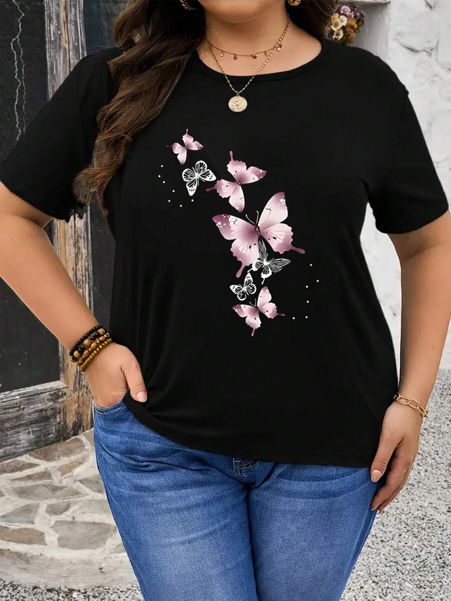 Pink Butterfly Print Plus Size Women's T-Shirt - 黑色 - 查看 1