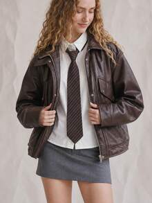 OUTTA BOX Vintage Distressed Washed PU Casual Women Jacket For Autumn - Mocha Brown - View 2