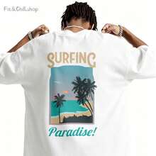Men's T-Shirt Surfing Paradise Palm Sunset Beach Comfortable And Versatile Outdoor Casual Short Sleeve - White - View 1