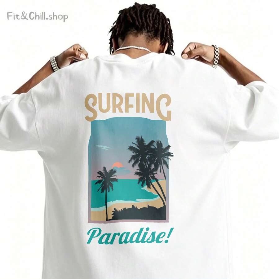 Men's T-Shirt Surfing Paradise Palm Sunset Beach Comfortable And Versatile Outdoor Casual Short Sleeve - White - View 1