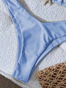 Swim Mod Conjunto de bikini de mujer con tirantes finos, unicolor y decoración metálica, sexy, para verano - Azul 3 - Ver 5
