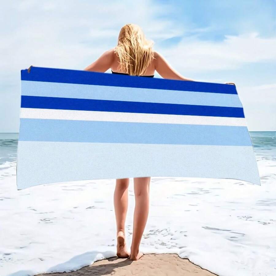 1pc A Rectangular Beach Towel Featuring Horizontal Blue And White Stripes, Designed To Be Soft And Absorbent For Beach Use, Sand-Resistant, Quick-Drying, And Ideal For Relaxing By The Ocean - A - Xem 1