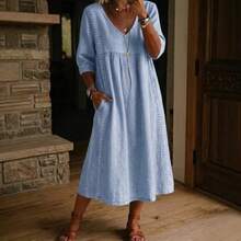 2026 New Casual Loose V-Neck Linen-Cotton Dress With Lace Trim - Yellow - View 3