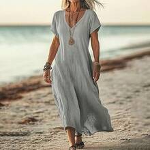 Loose-Fitting Solid Color V-Neck Cotton-Linen Women's Dress - White - View 5
