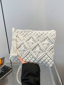 Vintage Woven Handbag, Bohemian Style Crossbody Bag, Woven Set Fabric Beach Bag, Tassel Decor Crochet Bag - White - View 8