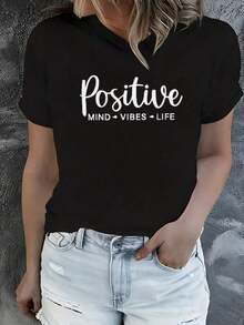 White Round-Neck T-Shirt For Women, 220 G, With A Design Inspired By Positive Thinking, Perfect For All Seasons And Washable. - Black - View 1
