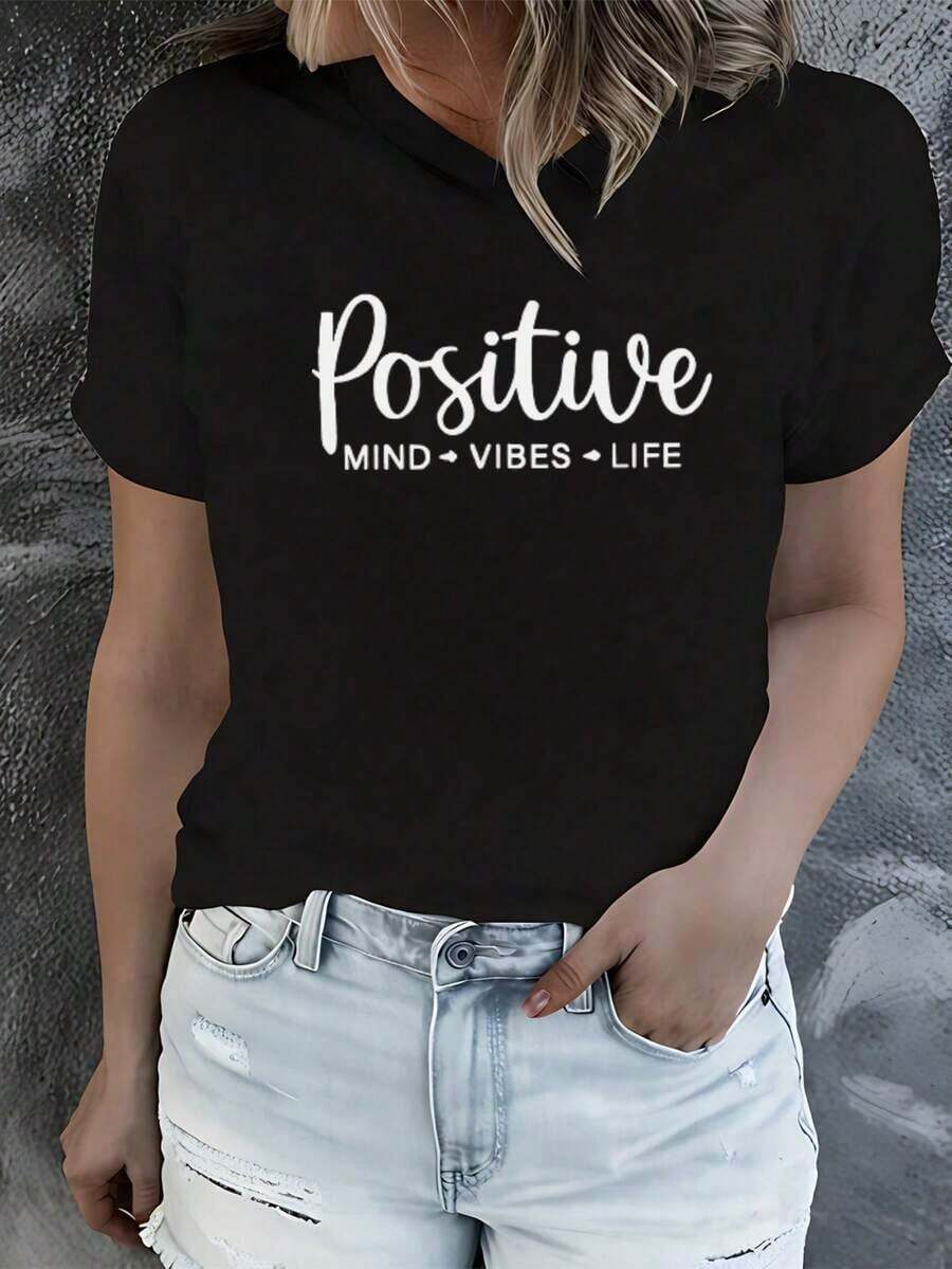White Round-Neck T-Shirt For Women, 220 G, With A Design Inspired By Positive Thinking, Perfect For All Seasons And Washable. - Black - View 1