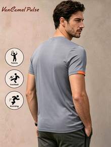 Vancamel Pulse Áo thun nam ngắn tay dáng rộng thoáng khí nhẹ màu trơn, thể thao ngoài trời đi làm ngắn tay, thời trang đa năng thường ngày ngắn tay - Xám - Xem 2