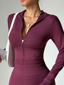 Damen Fitness-Yoga-Jacke in Burgunderrot mit Daumenlöchern, Slim Fit, Bauchkontrolle, Sommerstil - Bordeaux - Übersicht 6