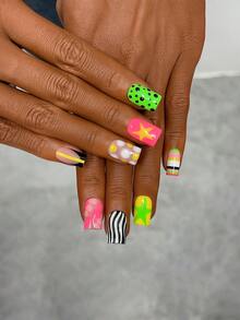 10pcs Handcrafted Y2K Square Press On Nails Set, Pink And Yellow Nails With Hand Drawn Colorful Stripes, Black Polka Dot Design, Pink Snake Pattern And Star Decoration - Nhiều màu - Xem 3