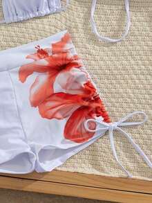 Conjunto de bikini de 3 piezas/set: Top halter casual y sexy con cubierta de malla floral transparente, Bottom de traje de baño con lazos laterales, tela con estiramiento moderado, adecuado para vacaciones, playa, actividades en la piscina, fiestas en la playa, vacaciones de verano - Multicolor 2 - Ver 5