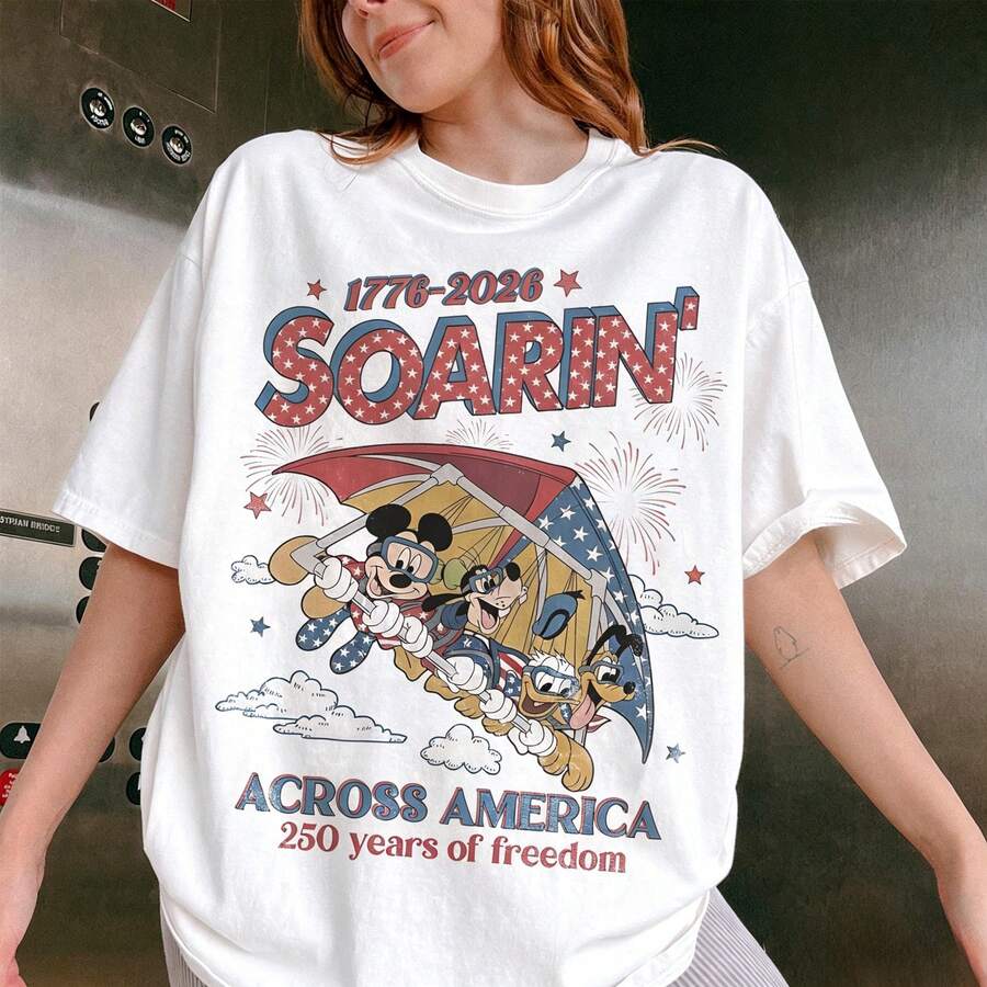 Disney Women's And Men's T-Shirts Retro Soaring Travel Themed Oversized T-Shirts, 100% Cotton Retro Short-Sleeved Casual Shirts, And Graphic Printing T-Shirts For Anniversary Family Travel Gifts - 白色 - 查看 1