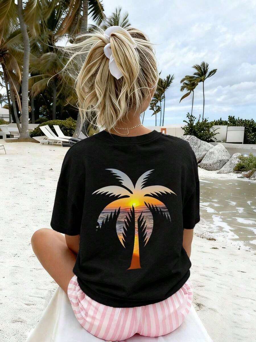 Camiseta de manga corta con estampado de cocotero azul para niñas adolescentes, top de verano para niñas para visitas a la playa. - Blanco - Ver 1