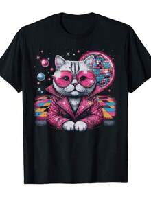 Disco-T-shirt för dam och herr, Kattdräkt Disco Ball Vintage Kattunge Kitty 70-tals T-shirt för män, kvinnor och barn, storlek 2Y-10Y, S-XXXL, Barnkläder för pojkar, Damtoppar, Herrkläder, T-shirts för tonårspojkar, Perfekt present till skolavslutningen och fars dag, Miljödagen, Passar till matchade kläder för föräldrar och barn. - Svart - Visa 8