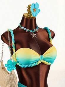Conjunto de traje de baño de 3 piezas con detalles de lino para mujer, que incluye bikini y cubre con lino, adecuado para vacaciones en la playa y uso diario, sexy, lindo, elegante, nueva llegada - Multicolor - Ver 10