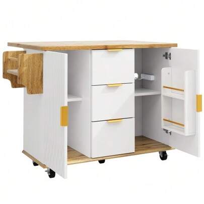 Küchenwagen Mit Ausklappbarer Arbeitsplatte & Stromanschluss, Movable Kücheninselschrank Mit Rollen, Weiß-Holzoptik, Weighing Up To 70kg