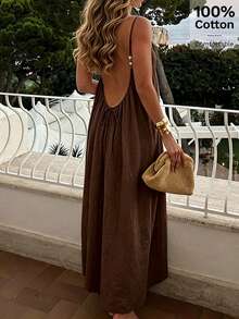 NOVELLE Women's Autumn Elegant Vacation Style Brown Spaghetti Strap Dress, Loose Casual Backless Maxi Dress, Suitable For Vacation, Dating And Party - Brown - View 4