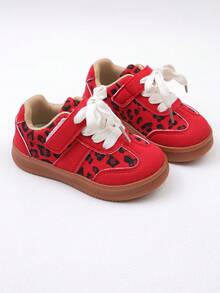 1 par de zapatos deportivos de moda rojos para niños, zapatos de niña con estampado de leopardo, ligeros y cómodos con suela blanda, adecuados para actividades escolares, viajes, deportes al aire libre, uso diario y reuniones casuales - Rojo - Ver 3