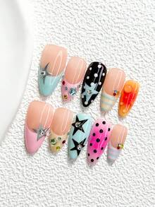 10pcs Y2K Style Handmade Nail Art Set, Pressed Nail Stickers, Colorful Fashion Diamond & Round Rhinestone Nail Decorations, Hand-Painted Star, Polka Dot & Stripe Nail Art Decals, Blue/Pink/Brown/Yellow/Orange Nail Polish, Retro Style, Includes Nail Tools (1 Jelly Sticker + 1 Nail File), 3 Sizes Available: Almond, Duck Mouth, Coffin Nails, Suitable For Party, Daily, Event, Photography, Spring/Summer Commute - Multicolor - View 3