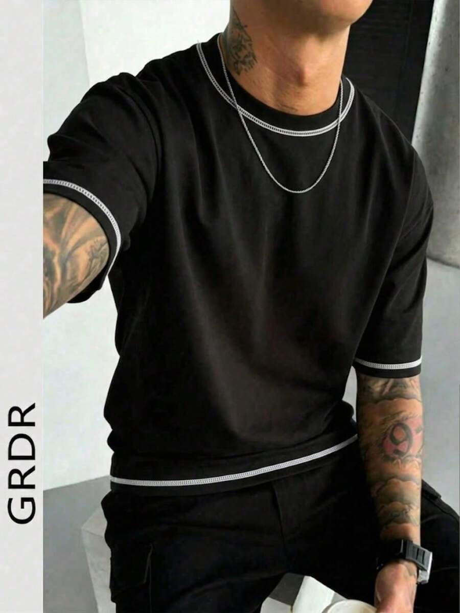 GRDR Men's Summer Fashion Line Design Round Neck Short Sleeve T-Shirt, Stylish Minimalist Commuting Versatile - Black - View 1