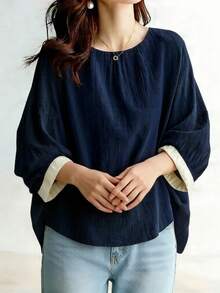 Women's Blouse Top T-Shirt Summer Clothes Round Neck Short Sleeve Simple Loose Casual Stylish Adult Figure-Flattering Relaxed Lightweight Breathable Everyday Wear Loungewear - Navy Blue - View 1