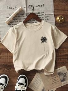 Top Casual Feminina de Verão com Estampa Gráfica de Palmeira e Frase, Modelagem Solta, Gola Redonda e Manga Curta para Férias - Damasco - Visão 6