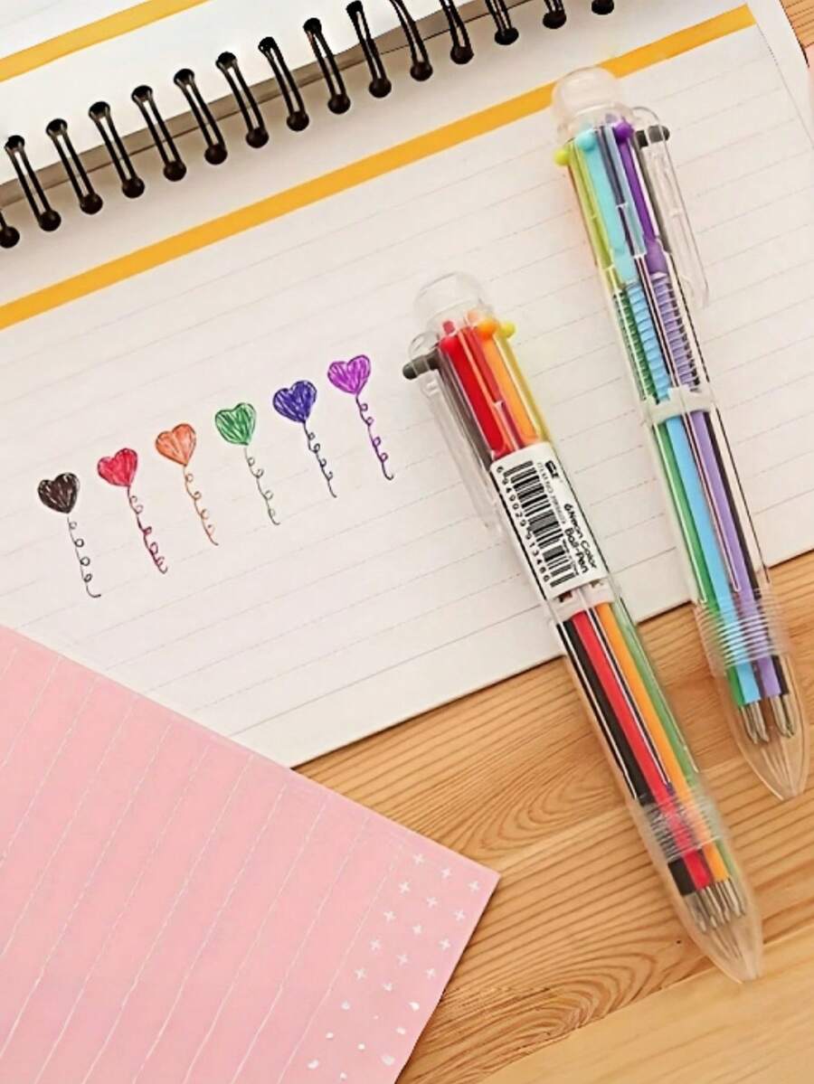4pcs Creative Transparent 6-Color Ball Pens, Cute Student Stationery Multi-Color Ballpoint Pens - Multicolor - View 1