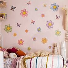 2 piezas Pegatinas de pared con flores y mariposas de colores, calcomanías florales de color macaron, material de PVC removible adecuado para la habitación de niñas, dormitorio, decoración de pared de la sala de estar - Ver 1