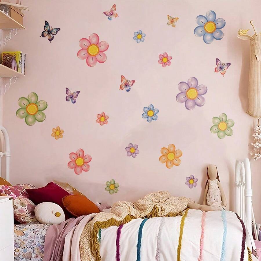 2 piezas Pegatinas de pared con flores y mariposas de colores, calcomanías florales de color macaron, material de PVC removible adecuado para la habitación de niñas, dormitorio, decoración de pared de la sala de estar - Ver 1