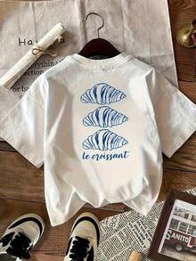Women's Casual Short Sleeve Sports T-Shirt - White Croissant Print And French Text "Le Croissant", Semi-Sheer Round Neck, Machine Washable, All-Season Style, Everyday Wear, Fun Design, Breathable Fabric, Modern Print T-Shirt - 白色 - 查看 6