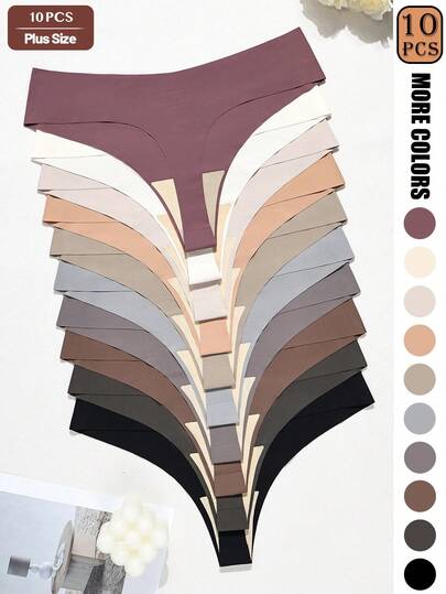 GYEY 10pcs Seamless Plus Size Women's Thongs Maillard Color Palette - Soft & Comfortable Nylon Blend Underwear, Brown & Purple Shades, Low Waist, Elastic Fit, Opaque, Comfortable Underwear | Minimalist Style | Elastic Nylon Blend
