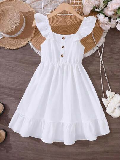 Tween Girls White Ruffle Hem Splice Elegant Dress, Spring/Summer