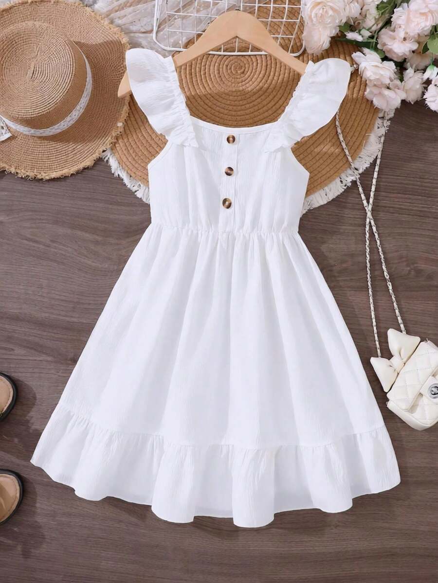 Tween Girls White Ruffle Hem Splice Elegant Dress, Spring/Summer - White - View 1